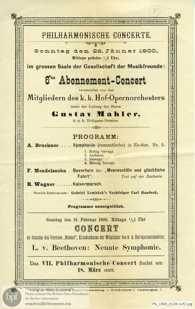 Concert programme:  Various Composers, Grossen Saale de Gesellschaft der Musikfreunde, Vienna