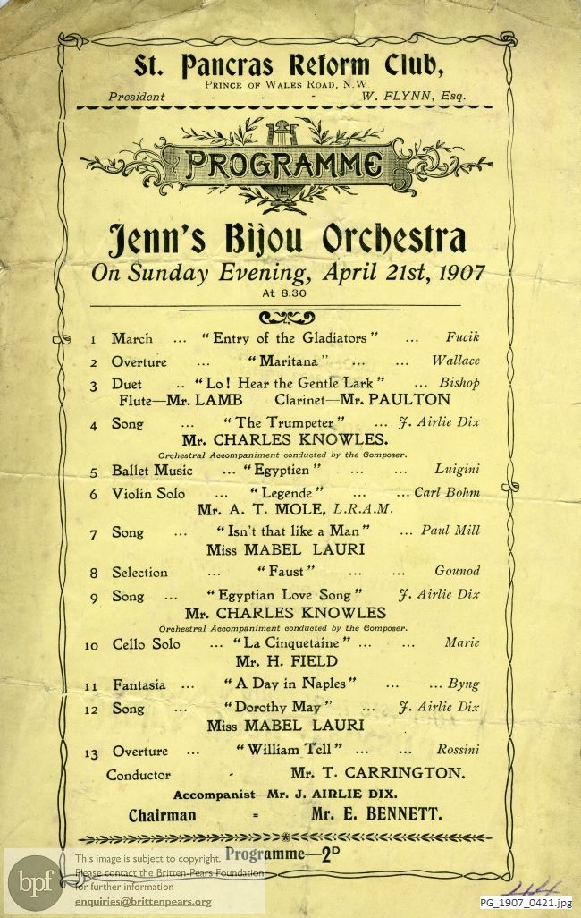 Concert programme:  Various Composers, St Pancras Reform Club, London