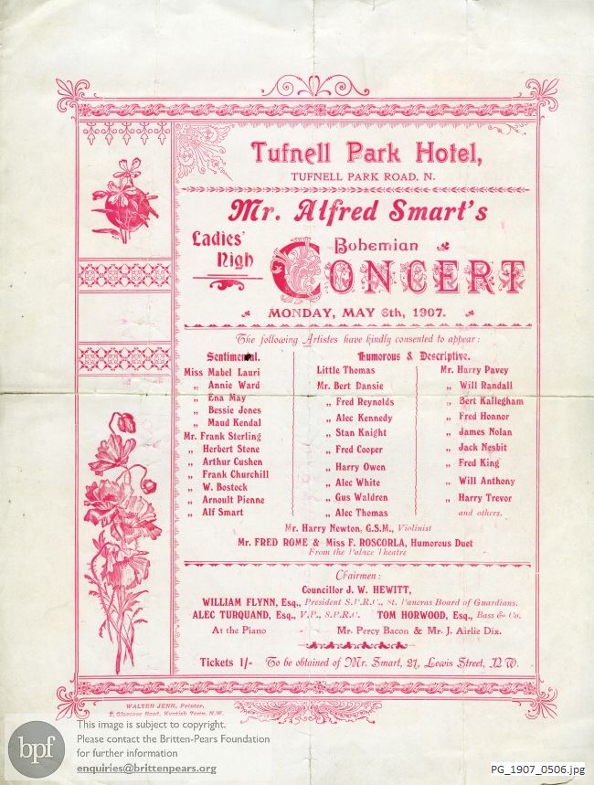 Concert programme:  Various Acts, Tufnell Park Hotel, London