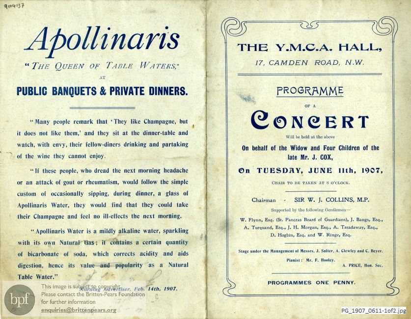 Concert programme:  Various Acts, Y.M.C.A. Hall, London