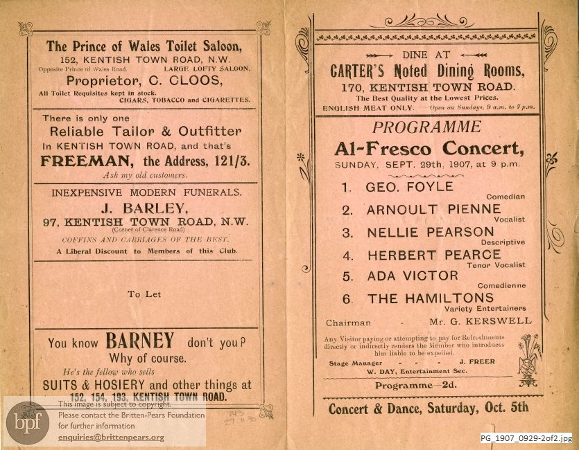 Concert programme:  Various Acts, St Pancras Reform Club, London