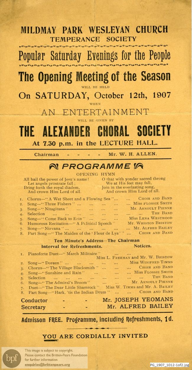 Concert programme:  Various Acts, Mildmay Park Wesleyan Church, London