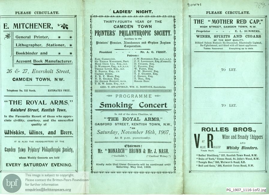 Concert programme:  Various Songs, The Royal Arms, Kentish Town, London