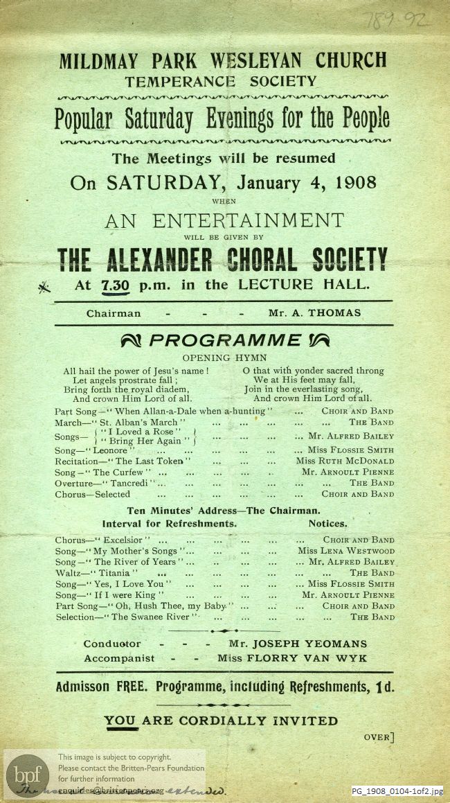 Concert programme:  Various Composers, Mildmay Park Wesleyan Church, London