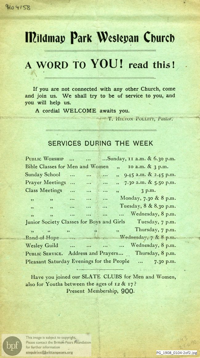 Concert programme:  Various Composers, Mildmay Park Wesleyan Church, London