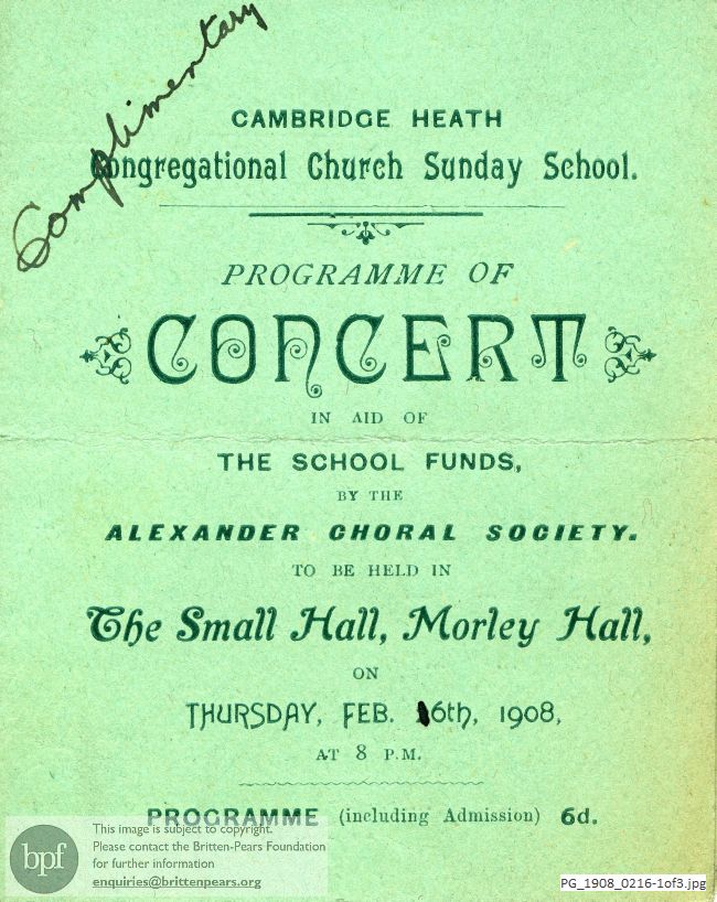 Concert programme:  Various Composers, the Small Hall, Morley Hall, London