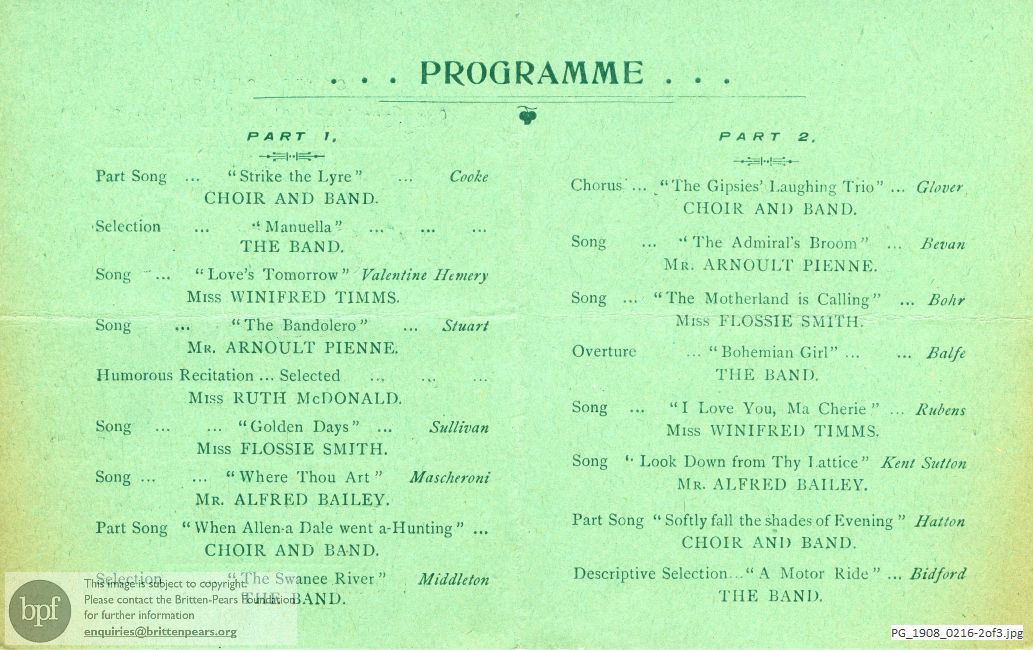 Concert programme:  Various Composers, the Small Hall, Morley Hall, London