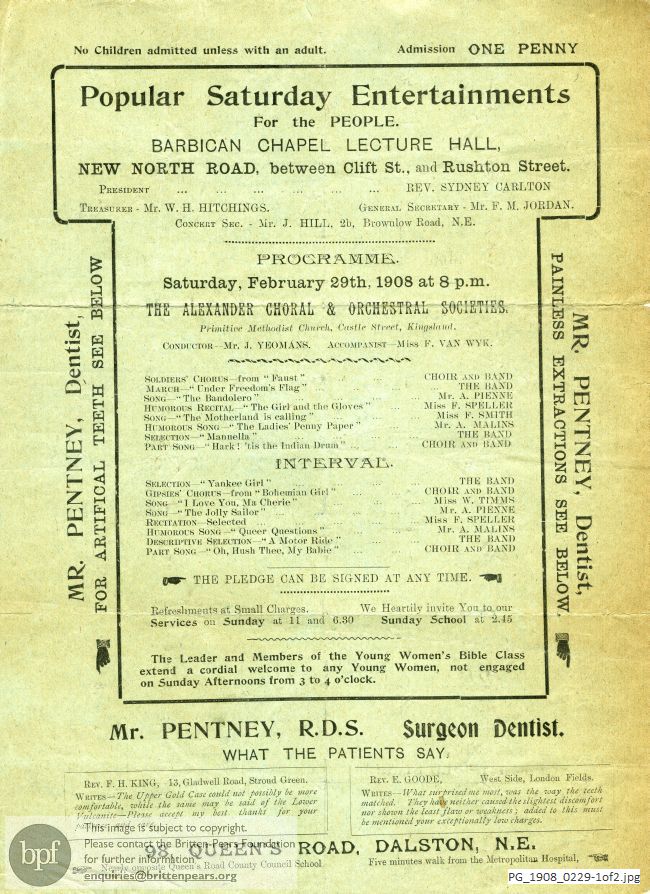 Concert programme:  Various Songs, Barbican Chapel Lecture Hall, London