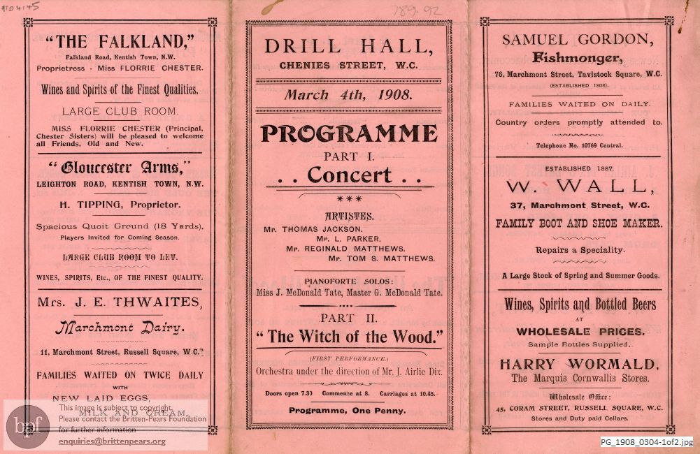 Concert programme:  Various Composers, Drill Hall, London