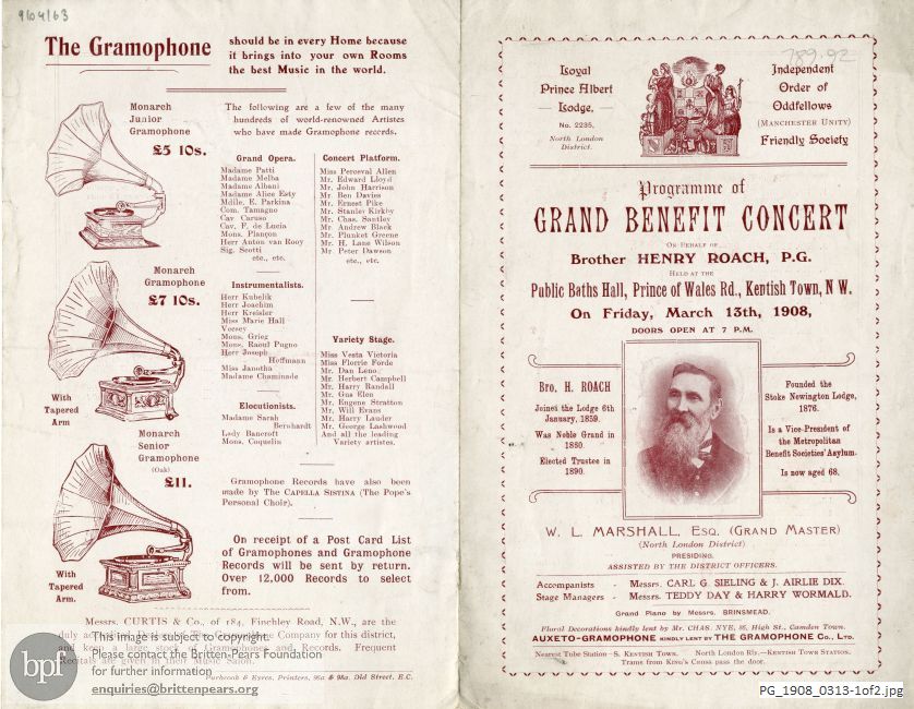 Concert programme:  Various Songs, Public Baths Hall, Kentish Town