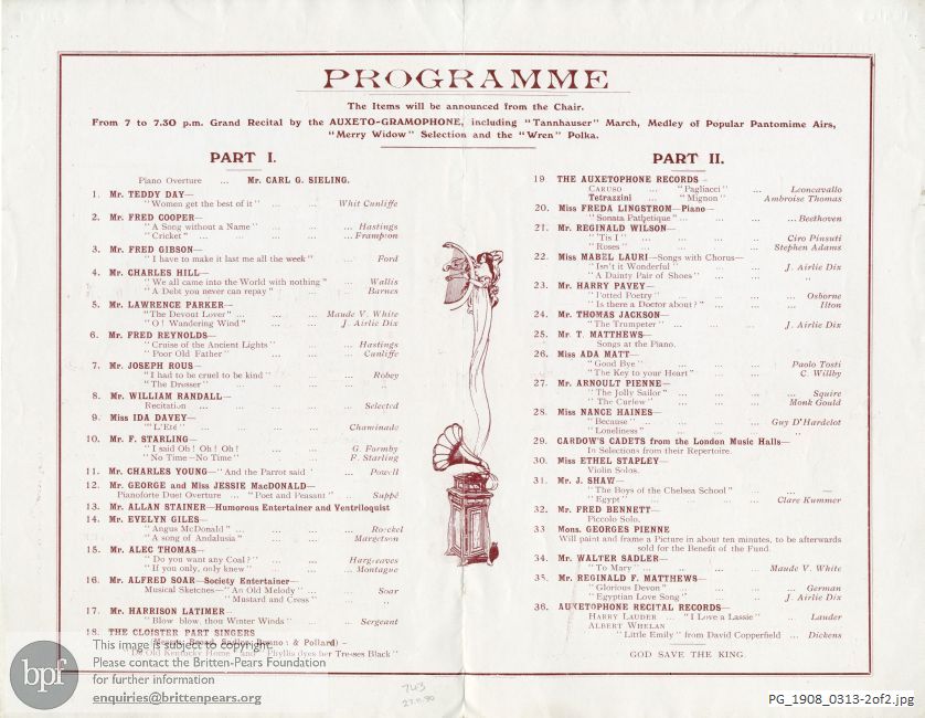 Concert programme:  Various Songs, Public Baths Hall, Kentish Town