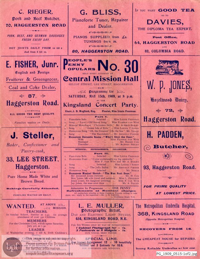 Concert programme:  Various Performers, Central Mission Hall, London