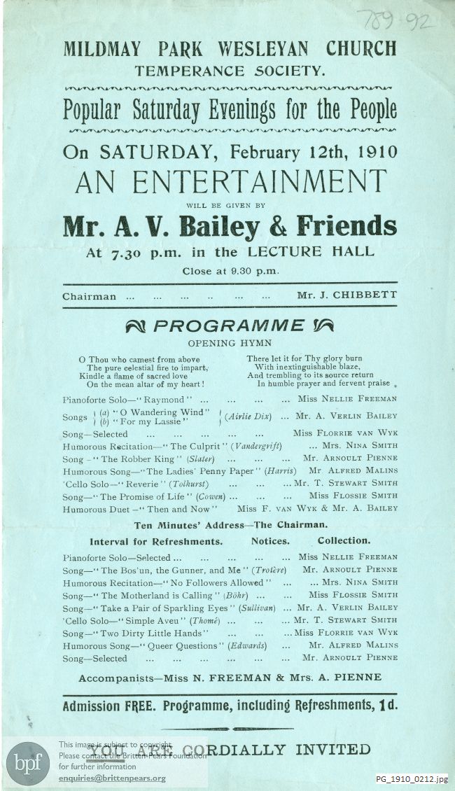 Concert programme:  Various Works, Mildmay Park Wesleyan Church, London