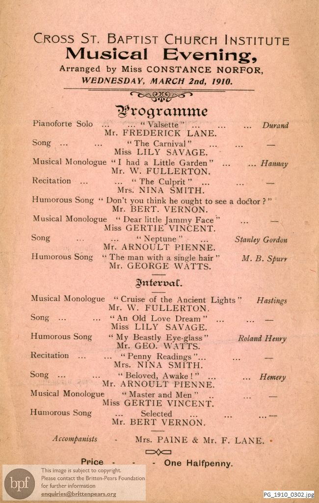 Concert programme:  Various Works, Cross Street Baptist Church Institute, London