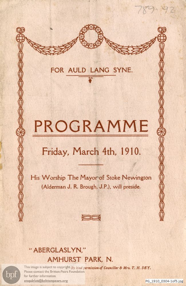 Concert programme:  Various Works, 'Aberglaslyn', Amhurst Park, London