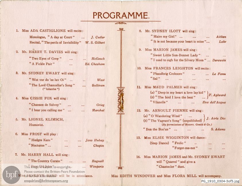 Concert programme:  Various Works, 'Aberglaslyn', Amhurst Park, London