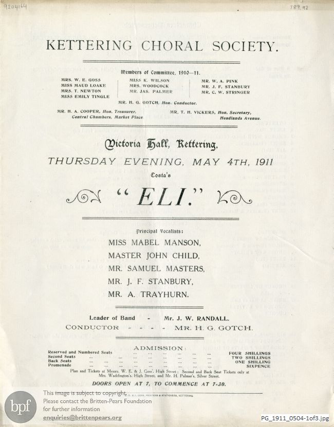 Concert programme:  Costa Eli, Victoria Hall, Kettering