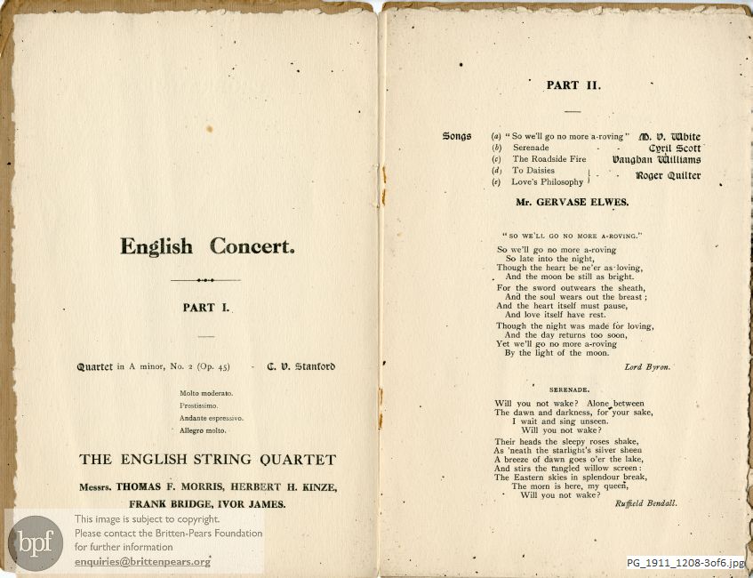 Concert programme:  Bridge Quartet in E Minor, Liverpool