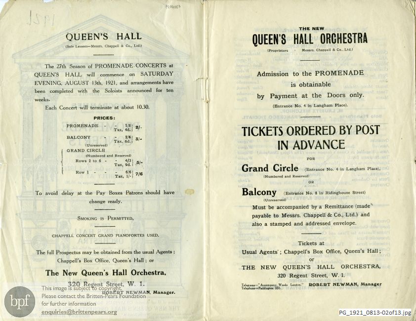 Concert programme:  Various Composers, Queen's Hall, London