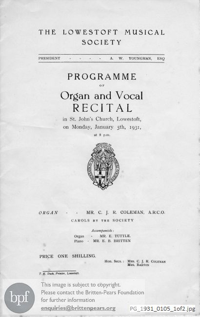 Concert programme:  Britten Two Choral Songs, Lowestoft Church, Suffolk