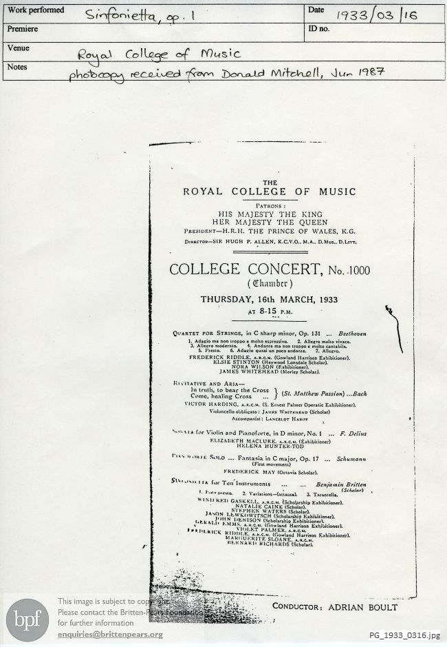 Britten Sinfonietta, Royal College of Music, London