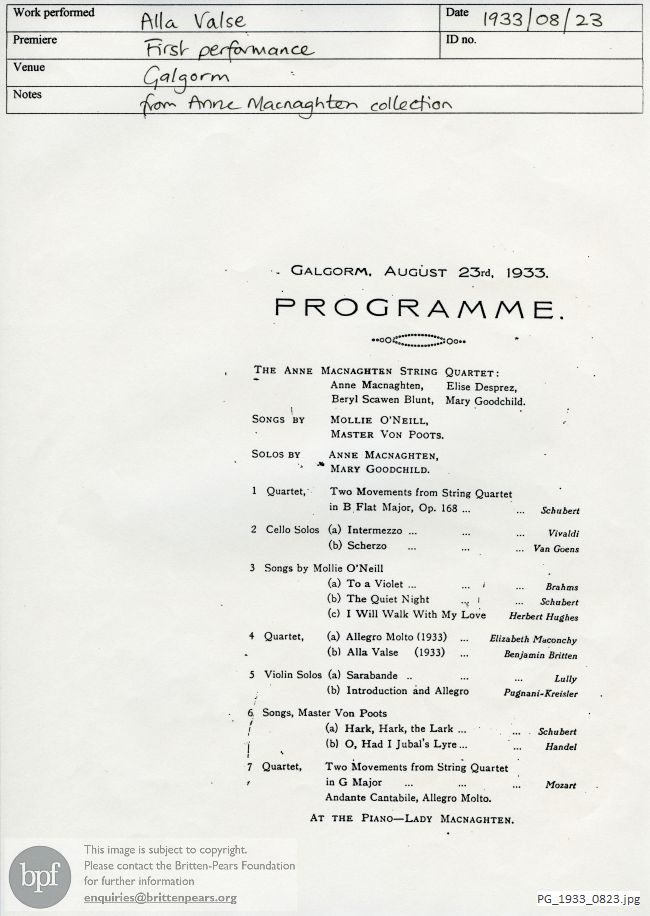Britten Alla Valse [from Three Divertimenti for String Quartet], Galgorm, Ireland