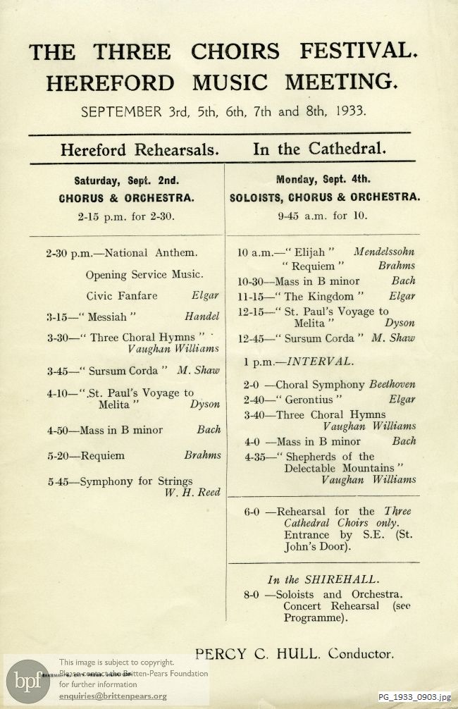 Rehearsal schedule for the Three Choirs Festival, Hereford Cathedral