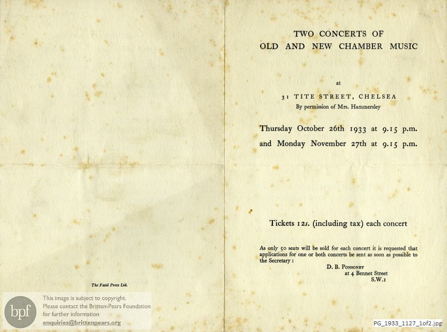 Britten Quartet for Oboe and Strings, Tite Street, Chelsea