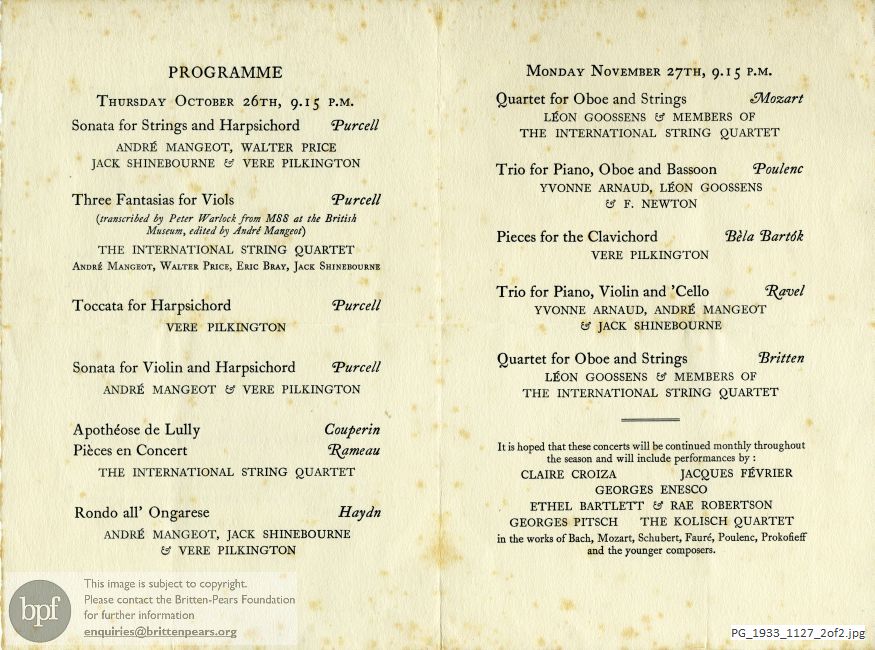 Britten Quartet for Oboe and Strings, Tite Street, Chelsea