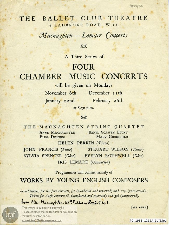 Britten Two Part Songs for Mixed Choir and String Quartet Alla Quartetto Serioso: 'Go Play, Boy, Play',  Ballet Club Theatre, London
