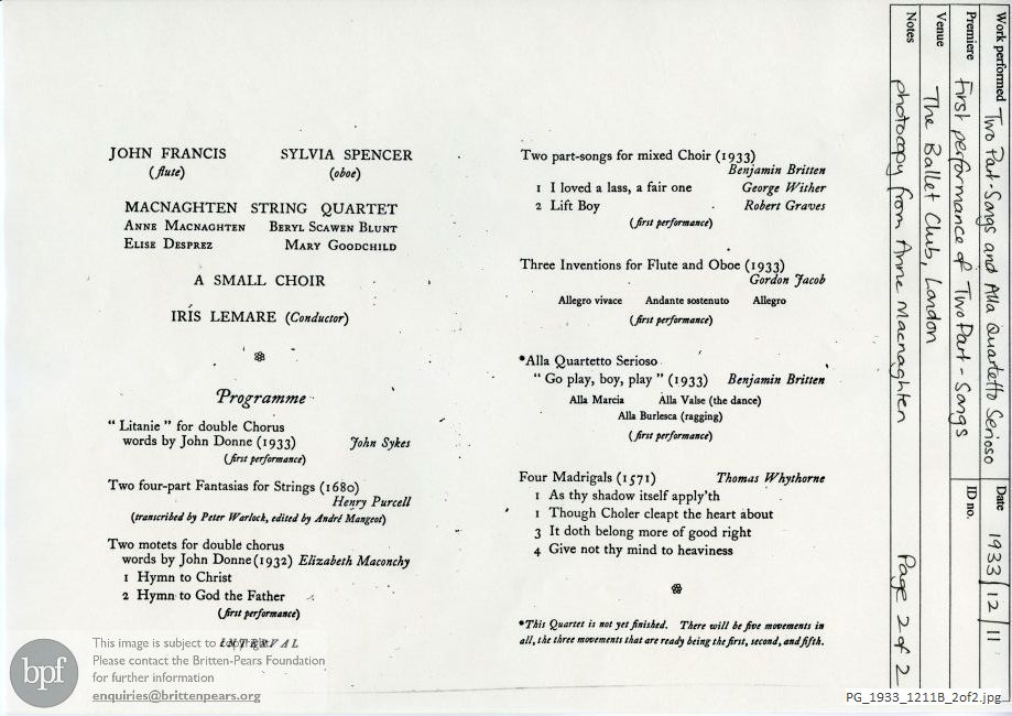 Britten Two Part Songs for Mixed Choir and Alla Quartetto Serioso, Ballet Club Theatre, London