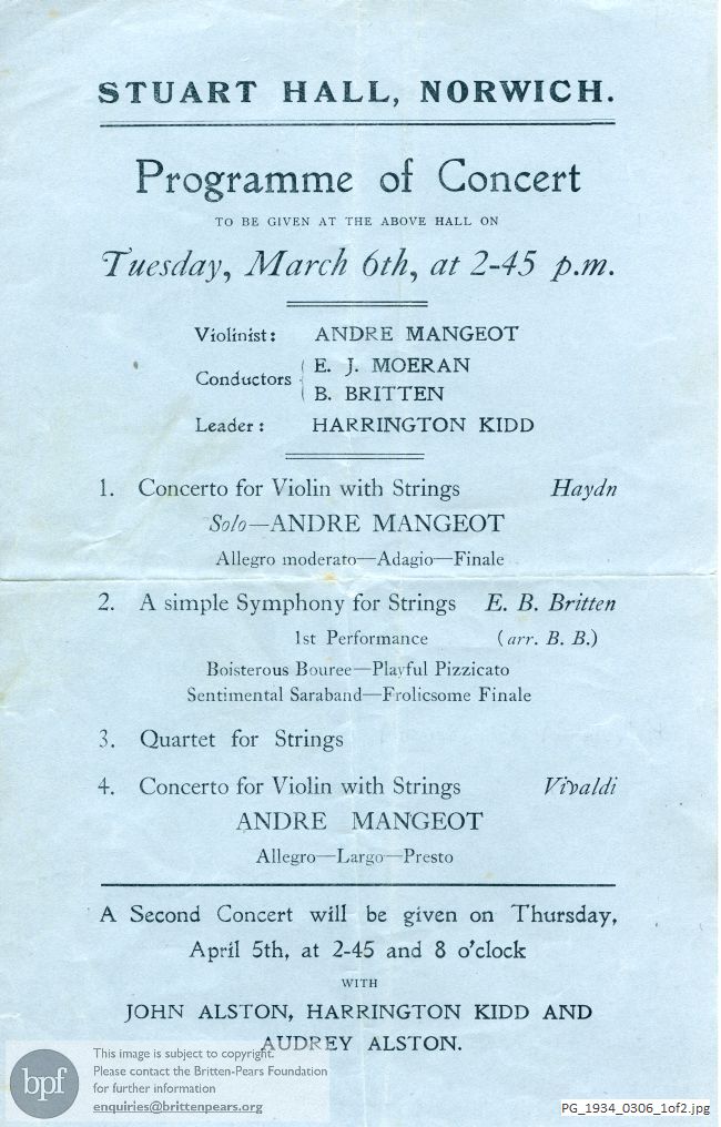 Britten Simple Symphony, Stuart Hall, Norwich