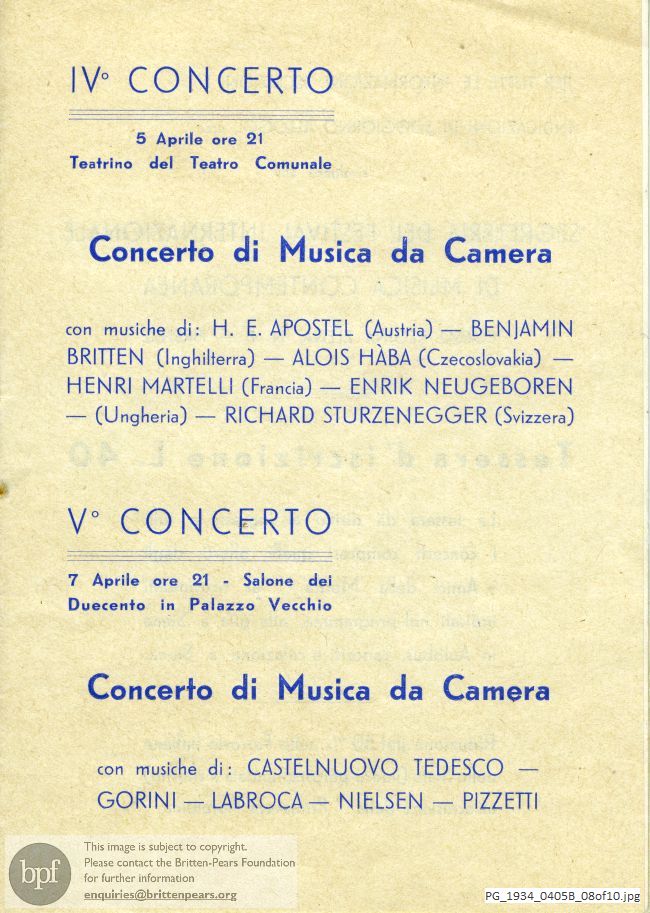 Britten Phantasy Oboe Quartet, Twelfth International Festival of Contemporary Music, Florence