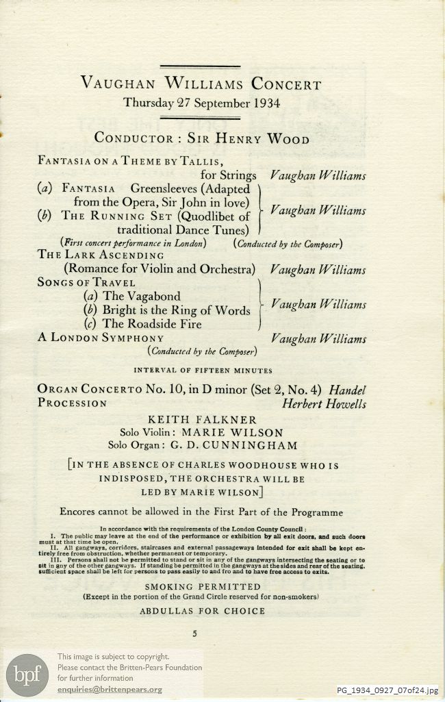 Vaughan Williams, Various Works, Queen's Hall, London