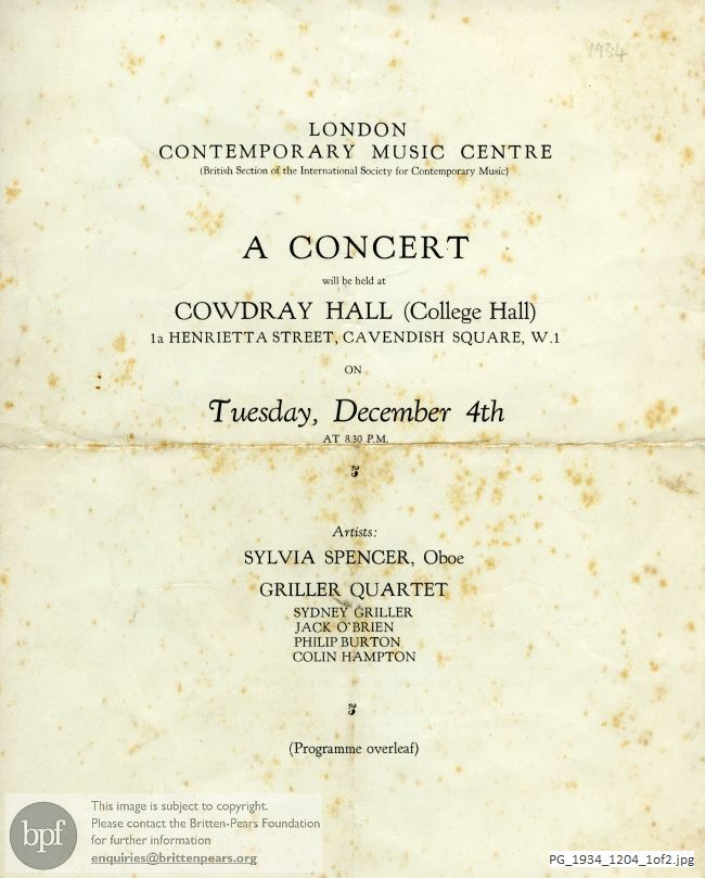 Britten Phantasy Oboe Quartet, Cowdray Hall, London