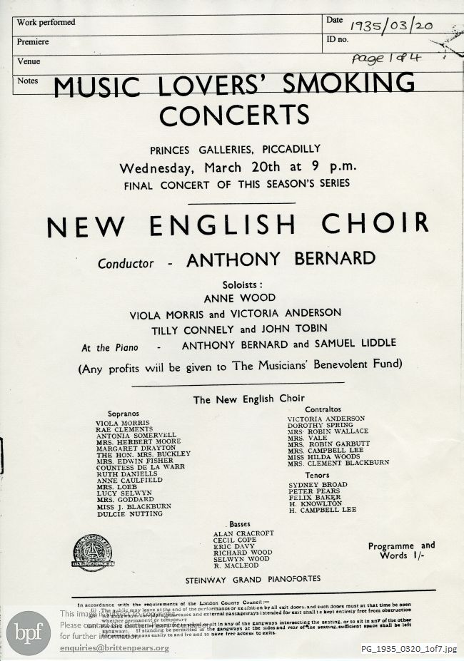 Music Lovers' Smoking Concert, Princes Galleries, London