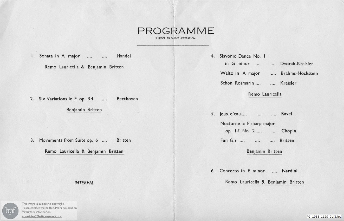 Concert programme: Britten Suite Op. 6 (excerpts) and Fun Fair [Holiday Diary], Royal Hotel, Lowestoft