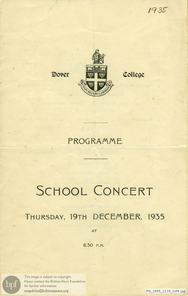 Concert programme: School Concert, Dover College, Kent