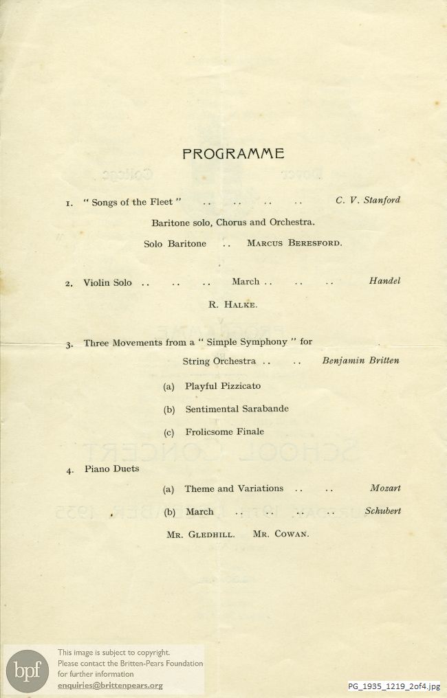 Concert programme: School Concert, Dover College, Kent