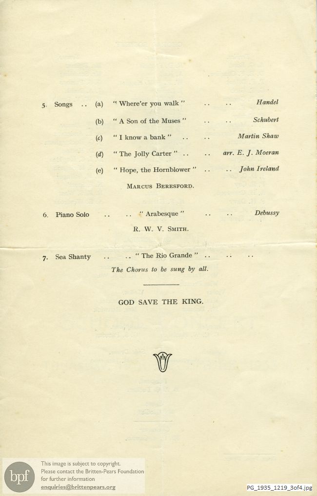 Concert programme: School Concert, Dover College, Kent