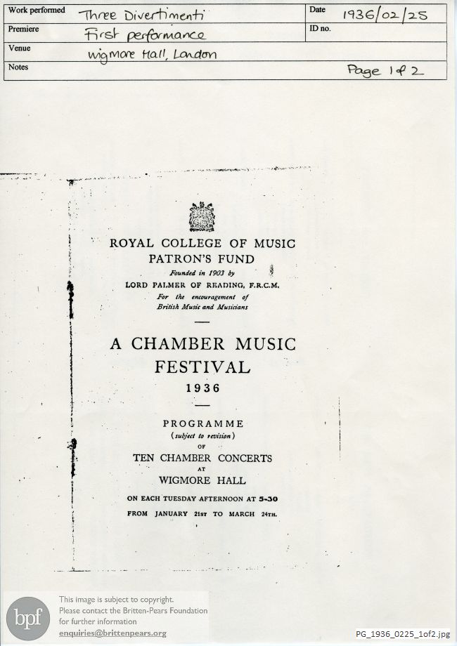 Britten Three Divertimenti, Wigmore Hall, London