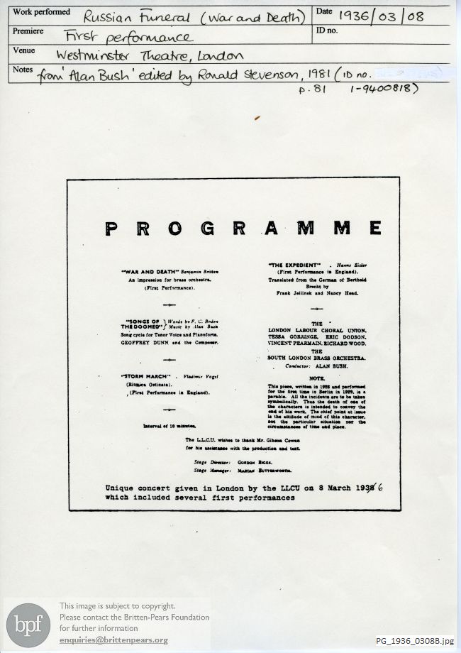 Britten War and Death [Russian Funeral], Westminster Theatre, London