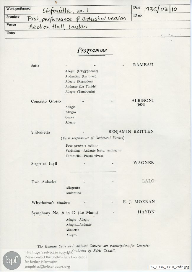 Britten Sinfonietta [Version for Small Orchestra], Aeolian Hall, London