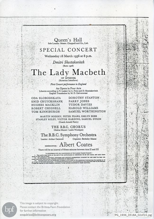 Shostakovich Lady Macbeth of Mtsensk, Queen's Hall, London