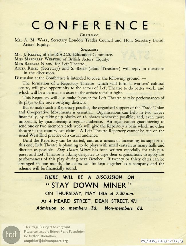 Slater Stay Down Miner, Westminster Theatre, London