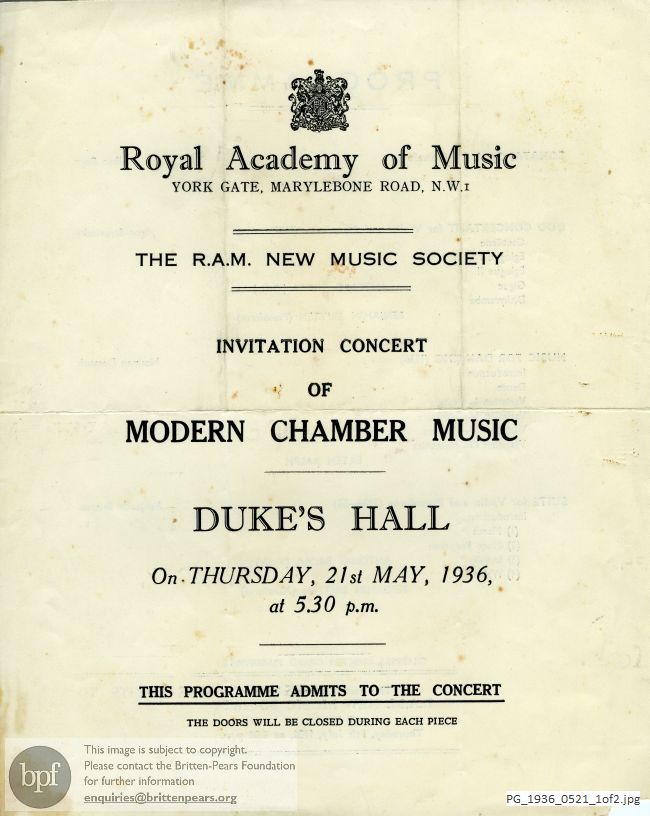 Britten Suite for Violin and Piano, Duke's Hall, Royal Academy of Music, London