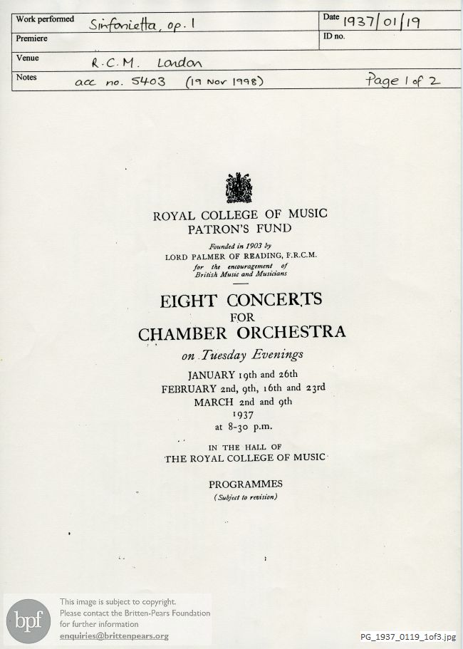 Britten, Sinfonietta, Royal College of Music, London