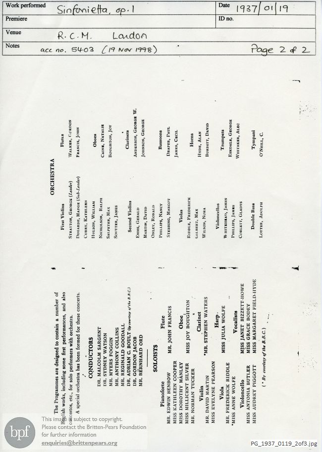 Britten, Sinfonietta, Royal College of Music, London