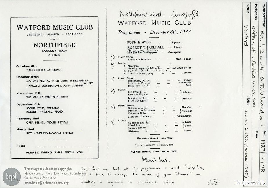 Britten, Songs [On This Island, nos. 4, 2, 1], Watford