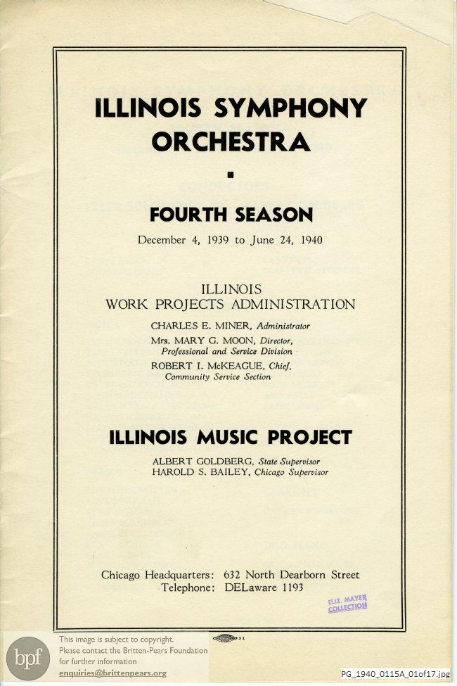 Concert programme:  Britten Piano Concerto & Mont Juic Suite, Chicago.